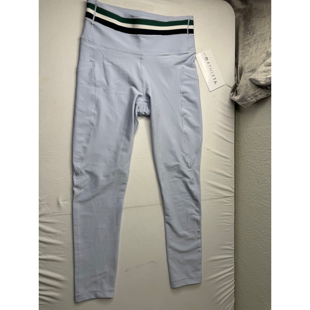 Athleta Interval Stash 7/8 Stripe Tight Blue Green White XS 592118-00-2-0001